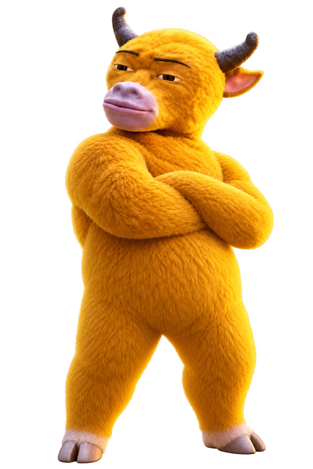 牛来 bull mascot standing with arms crossed